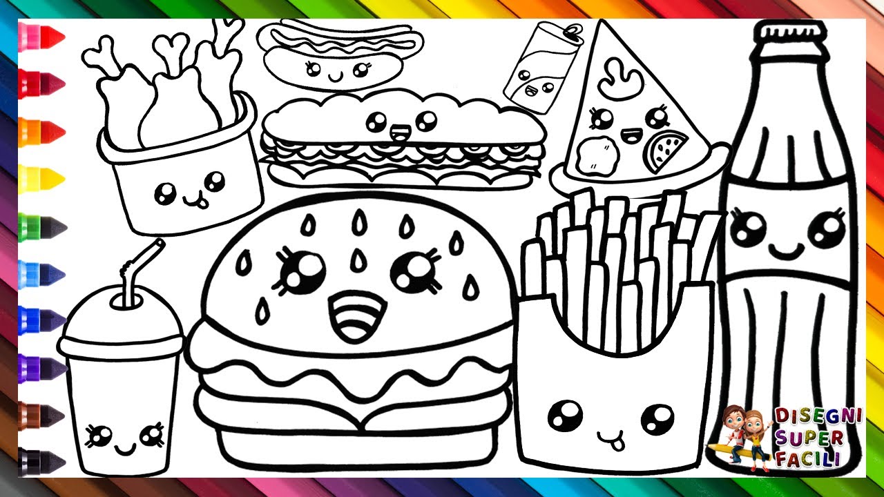 Disegna e Colora Cibo Veloce 🍔🥤🌭🍕🥪🍗 Hamburger, Cola, Hot Dog, Pizza e Altro Disegno
