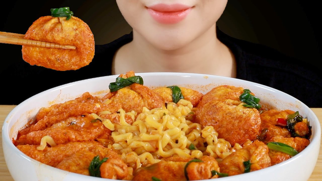 ASMR Soupy Fire Buldak Noodles with Fried Tofu Glass Noodle Pouches Eating Sounds | MINEE EATS