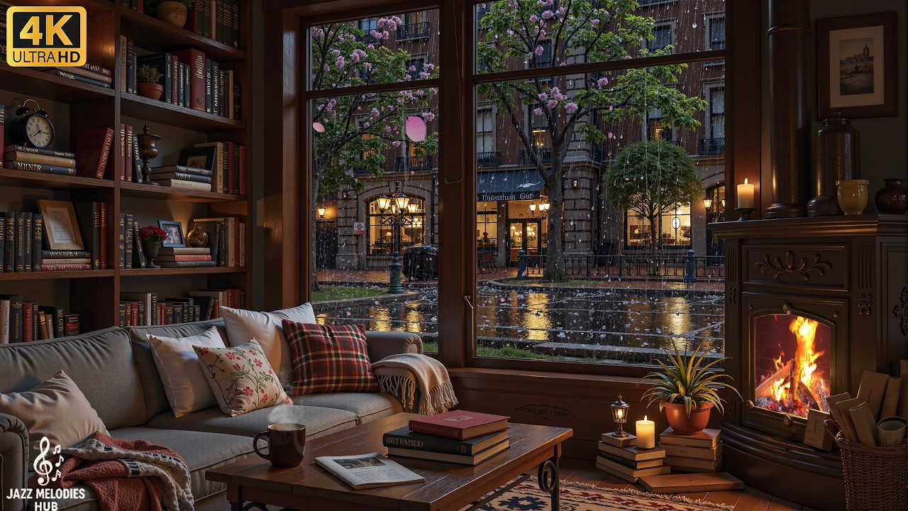 Peaceful Rainy Night Coffee Shop 🌸 Gentle Jazz Piano, Fireplace Glow & Rain Sounds for Quiet Moments