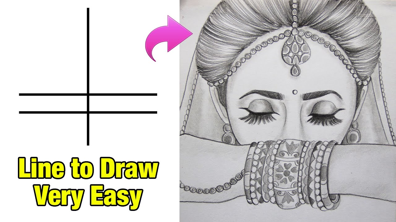 How to Draw Beautiful Traditional Half Eyes Bride Very Easy || Bride Drawing Easy