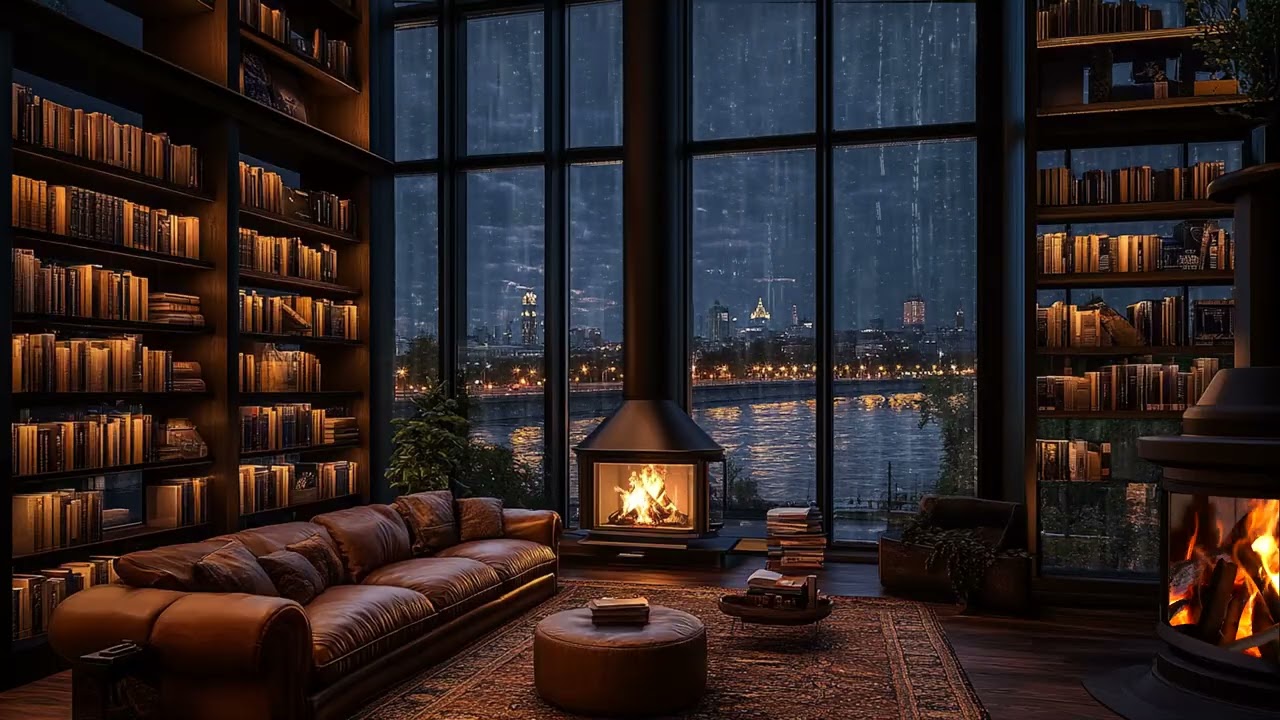Rainy Night in a Cozy City Room with Crackling Fireplace | Relaxing Ambience for Sleep & Study