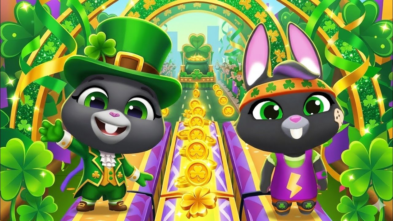 Talking Tom Gold Run St. Patrick's Day race events Skater Becca vs Roy Raccoon Gameplay Android ios 