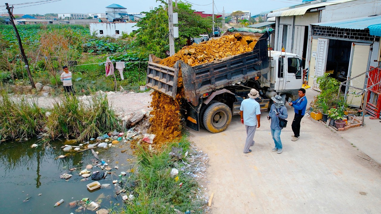 First Amazing Project! Landfill Delete Flooded Canal Garbage Grass Using Skill Dozer with Dump Truck