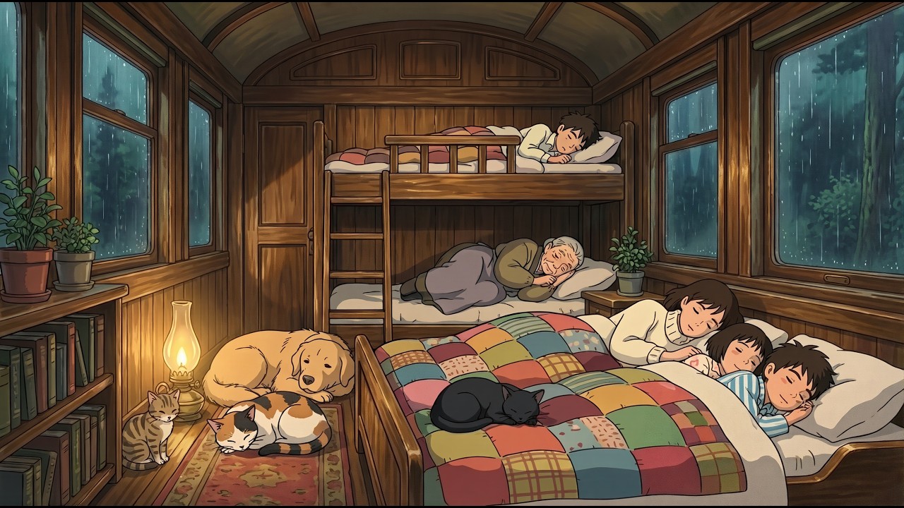 living in a Tiny Train Rainy🚂🐈🌊 車窓からの雨 | 기차 빗소리 | Ghibli Style ASMR | Cooking & Family Warmth