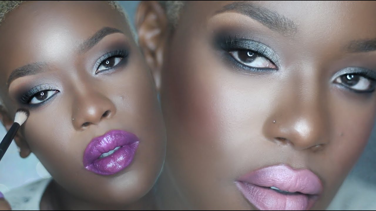 Gray Smoky Eyes with Bright lips Spring Summer Makeup for dark skin