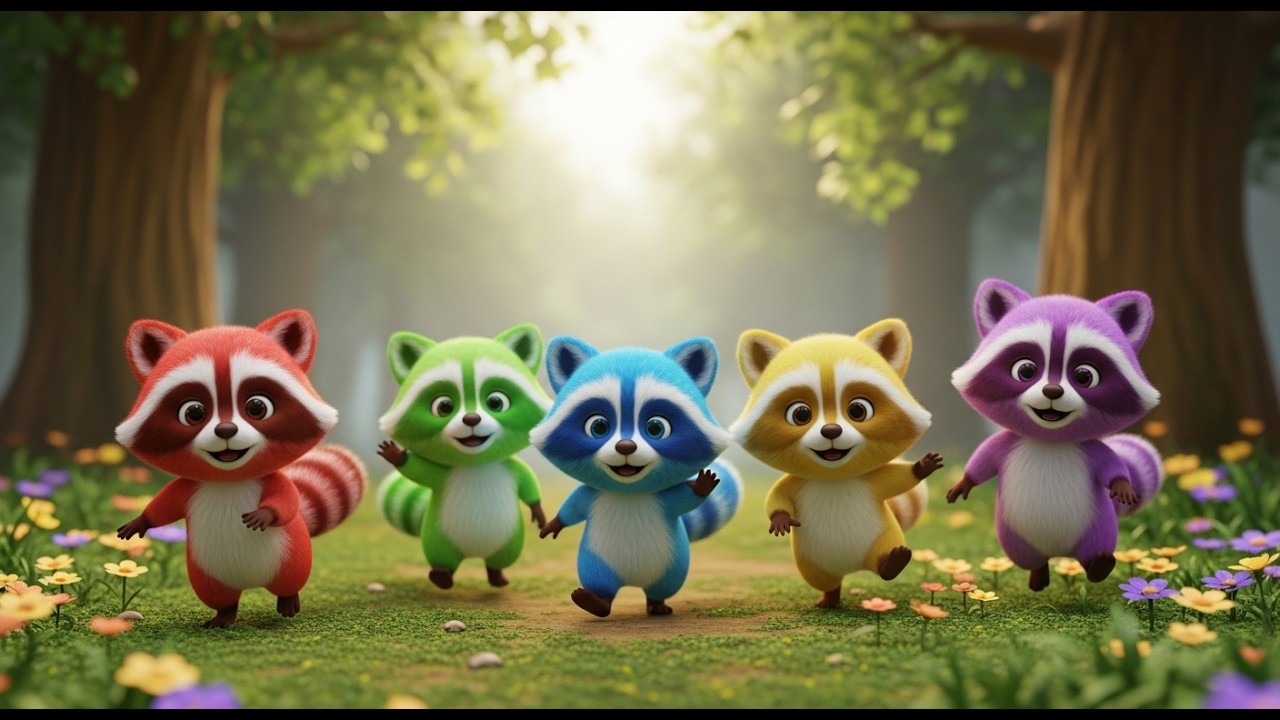 Five Little Raccoon Babies Scamper Scamper | Forest Adventure & Counting Song