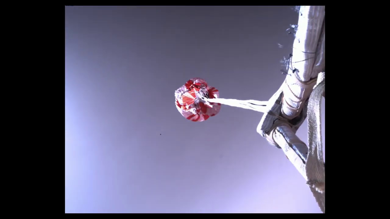 Perseverance&rsquo;s Descent & Touchdown on Mars: Parachute Up-View Camera 2 POV (Official NASA Clip)
