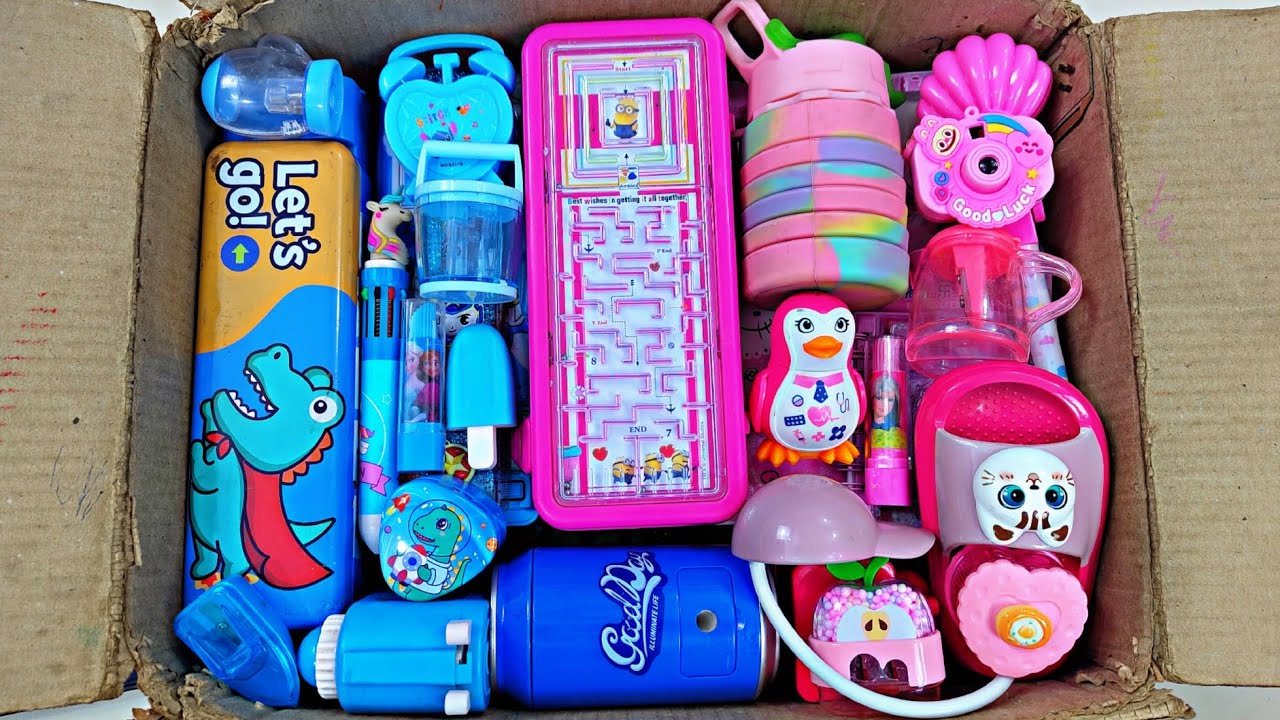 Unboxing Pink Stationery vs Blue Stationery items, Pencil Case, Projector, Table lamp, Sharpener