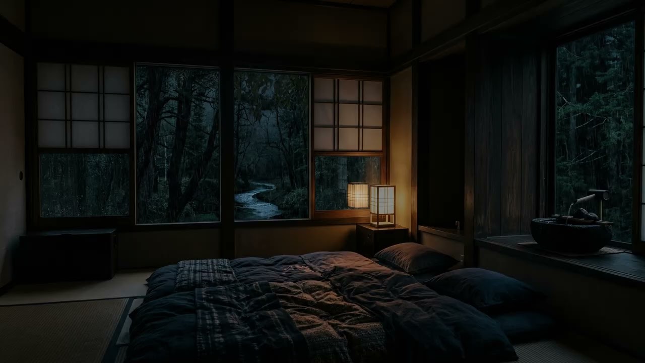 Gentle Rain Whispering Through Shoji Screens In A Serene Japanese Forest Room