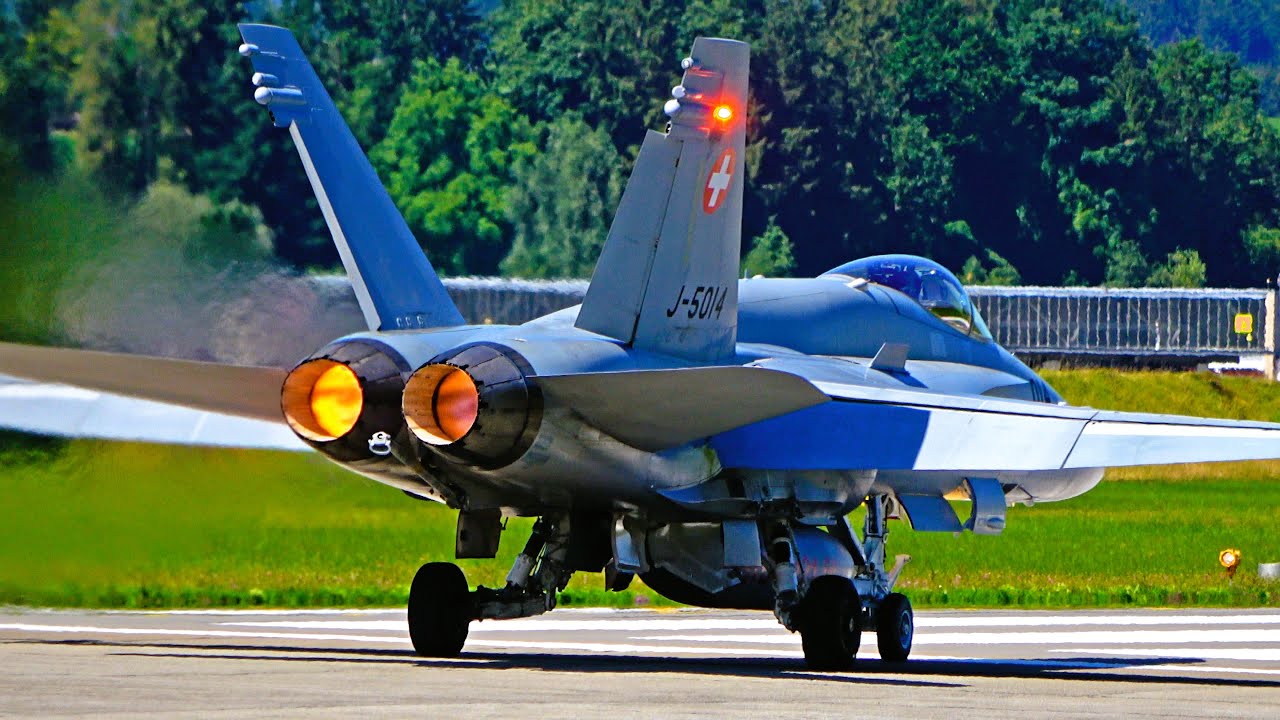 A Massive Launch of F/A-18 Hornet and F-5 Tiger Fighter Jets in Switzerland [4K]