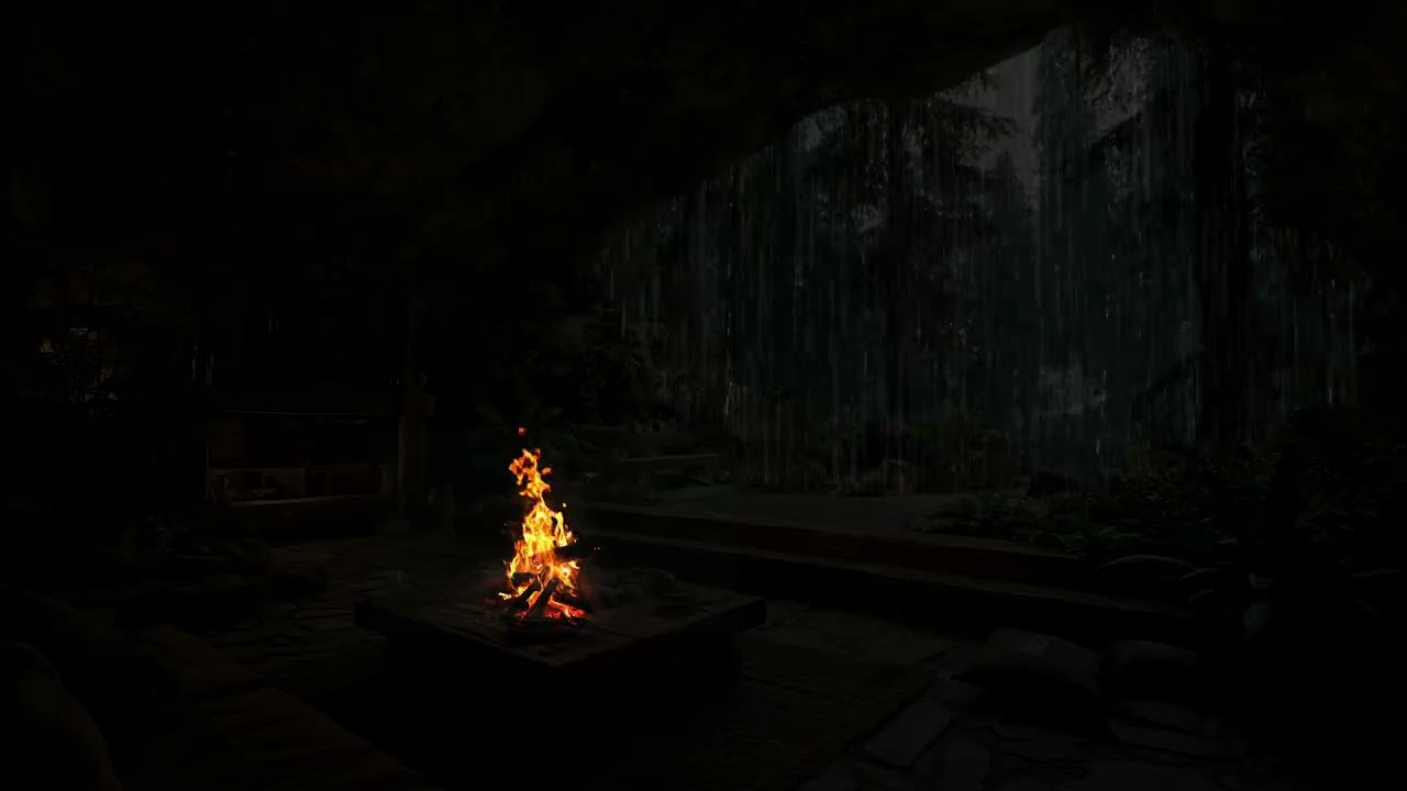 Endless Quiet Rain Forest Night for Mental Recovery and Sleep | Warm Fire Ambient Atmosphere