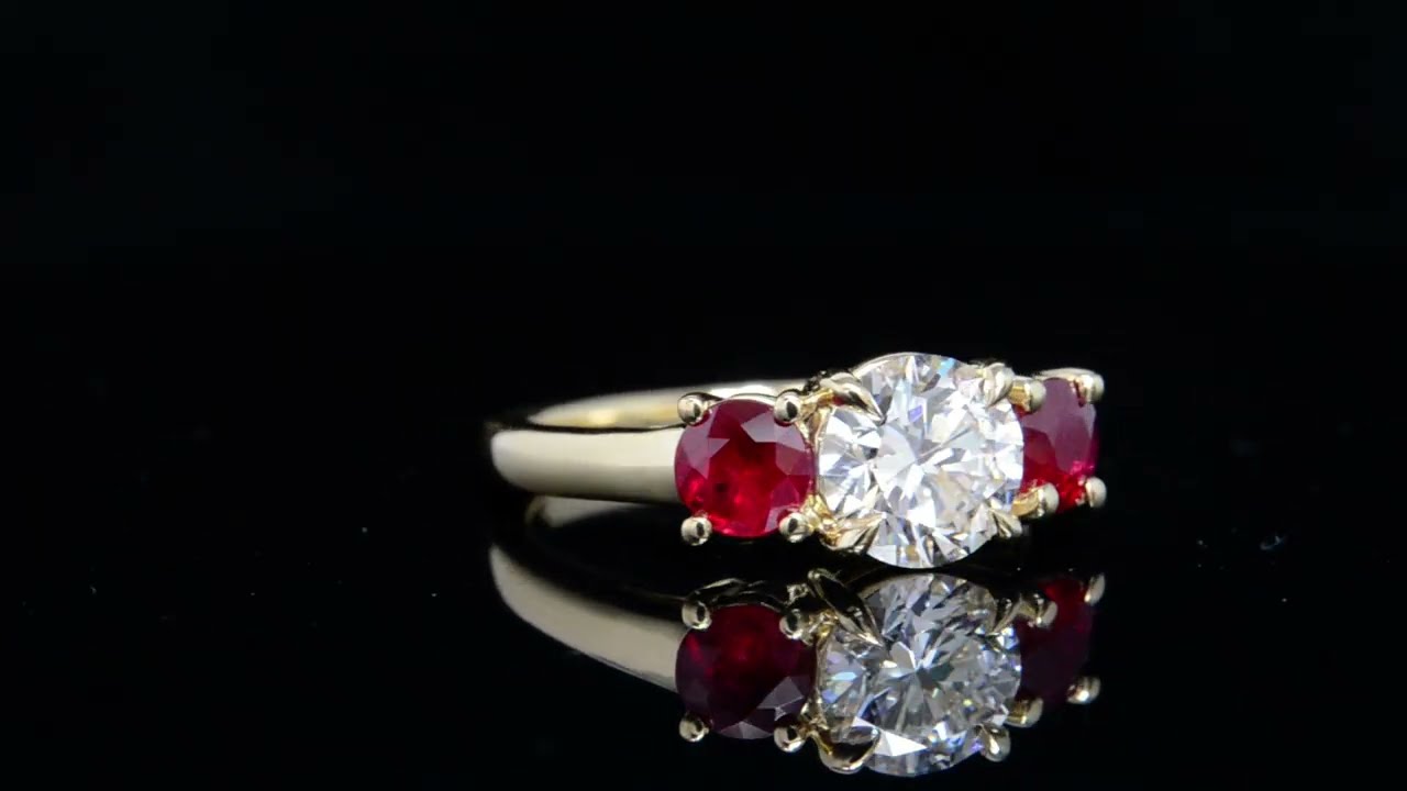 Natural 3 Stone Round Cut Diamond with Red Rubies Engagement Ring (GIA Certified)