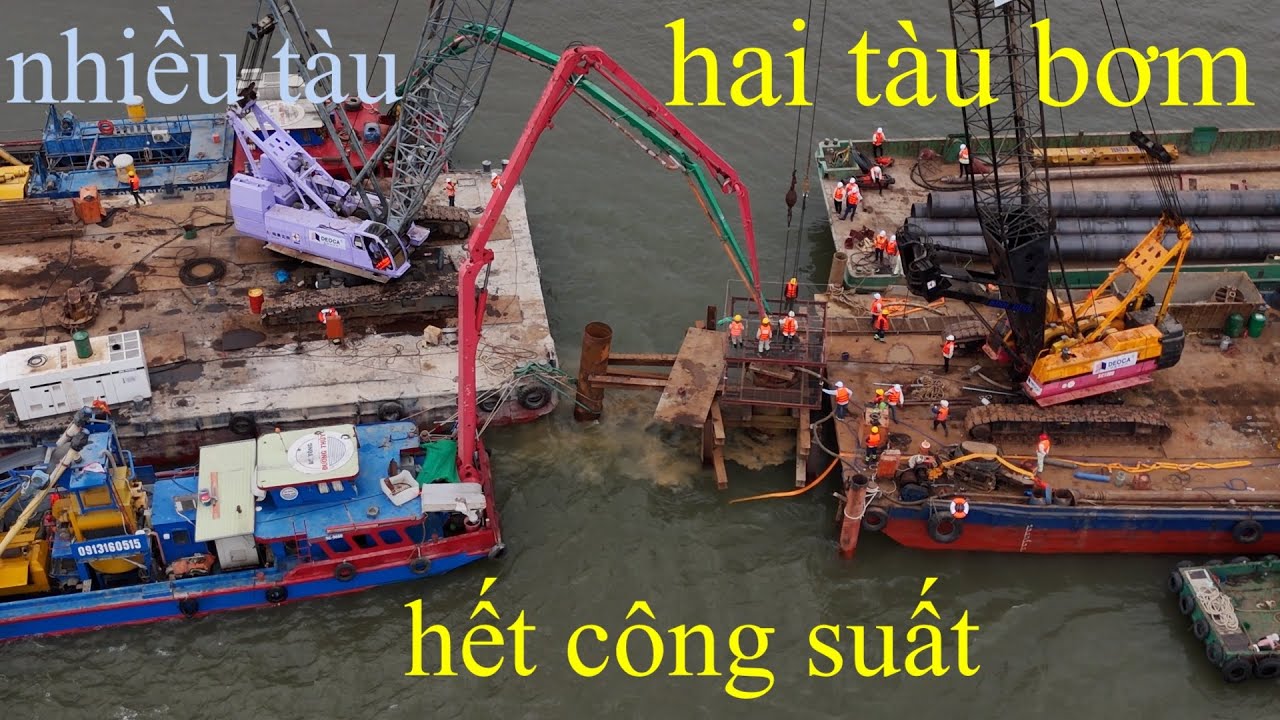 cầu đại ngãi 1 ben hai cần bơm bêtông đầu tiên sông hậu 25/3/2025