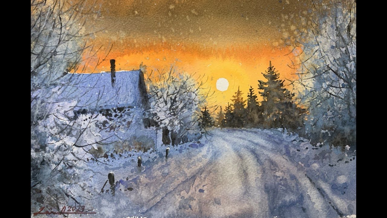 How to paint a watercolor winter sunset scene