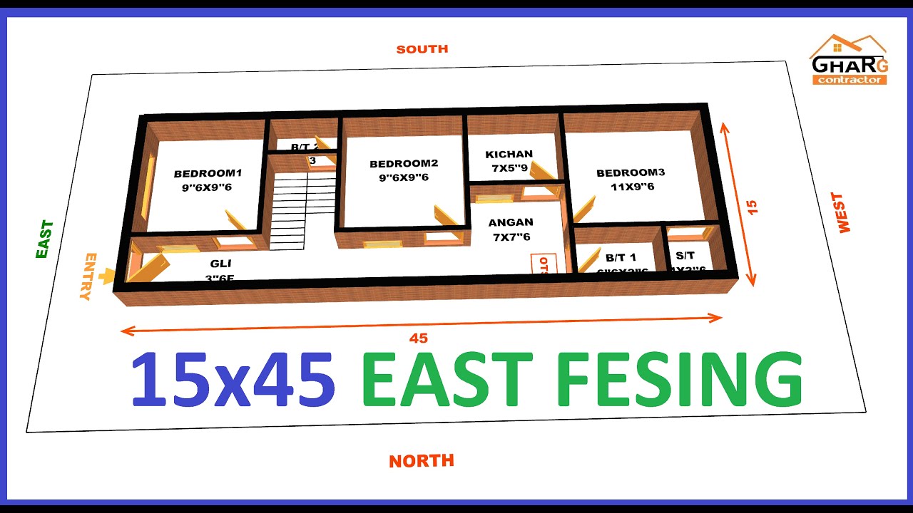 План дома с тремя спальнями 15x45 EAST FESING../// План дома с тремя спальнями 15*45
