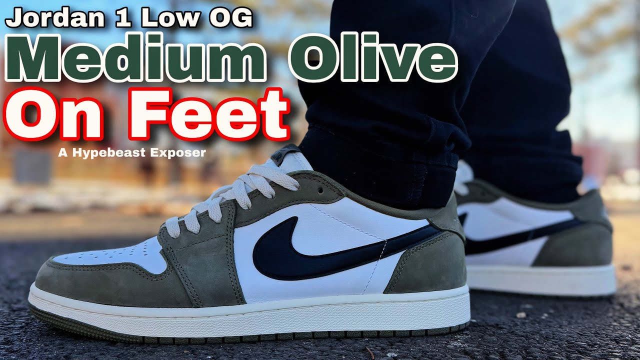 Jordan 1 Low Medium Olive - On Feet with White & Black Laces 