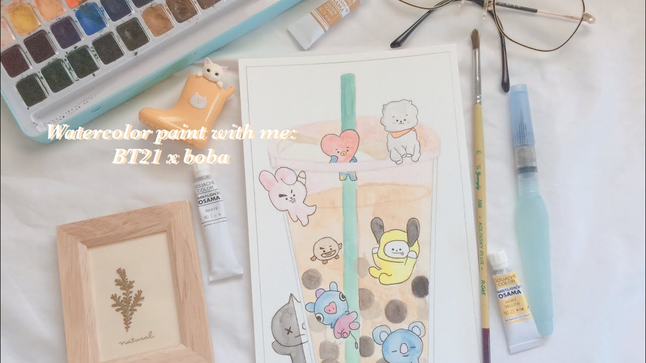 BT21 x Boba watercolor painting 🎨🍮🥛