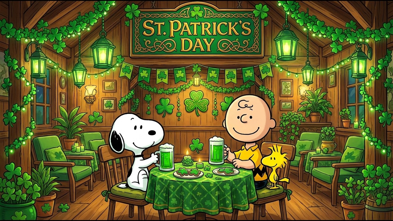 Snoopy & Charlie Brown St. Patrick’s Day Cheers 🍀 Jazz Lofi for Study Work 🎧 Lucky Green Café Mood