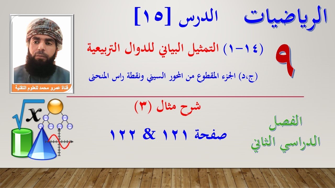الرياضيات-التاسع الفصل الثاني|الدرس[15](14-1-ج،د)الجزء من محور س ورأس المنحنى - شرح المثال(3)صفحة121