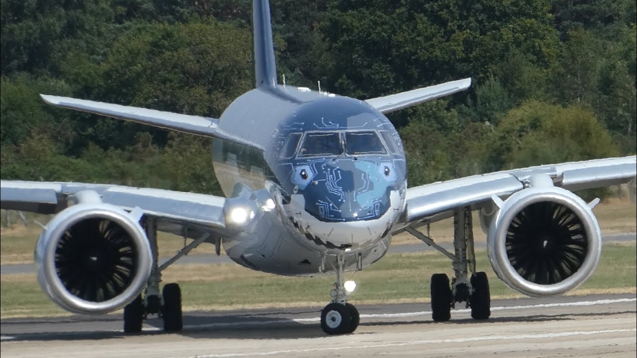 Embraer E190 E2 &ldquo;Tech Shark&rdquo; Close Up Arrival After Test Flight - Farnborough Airshow 2022