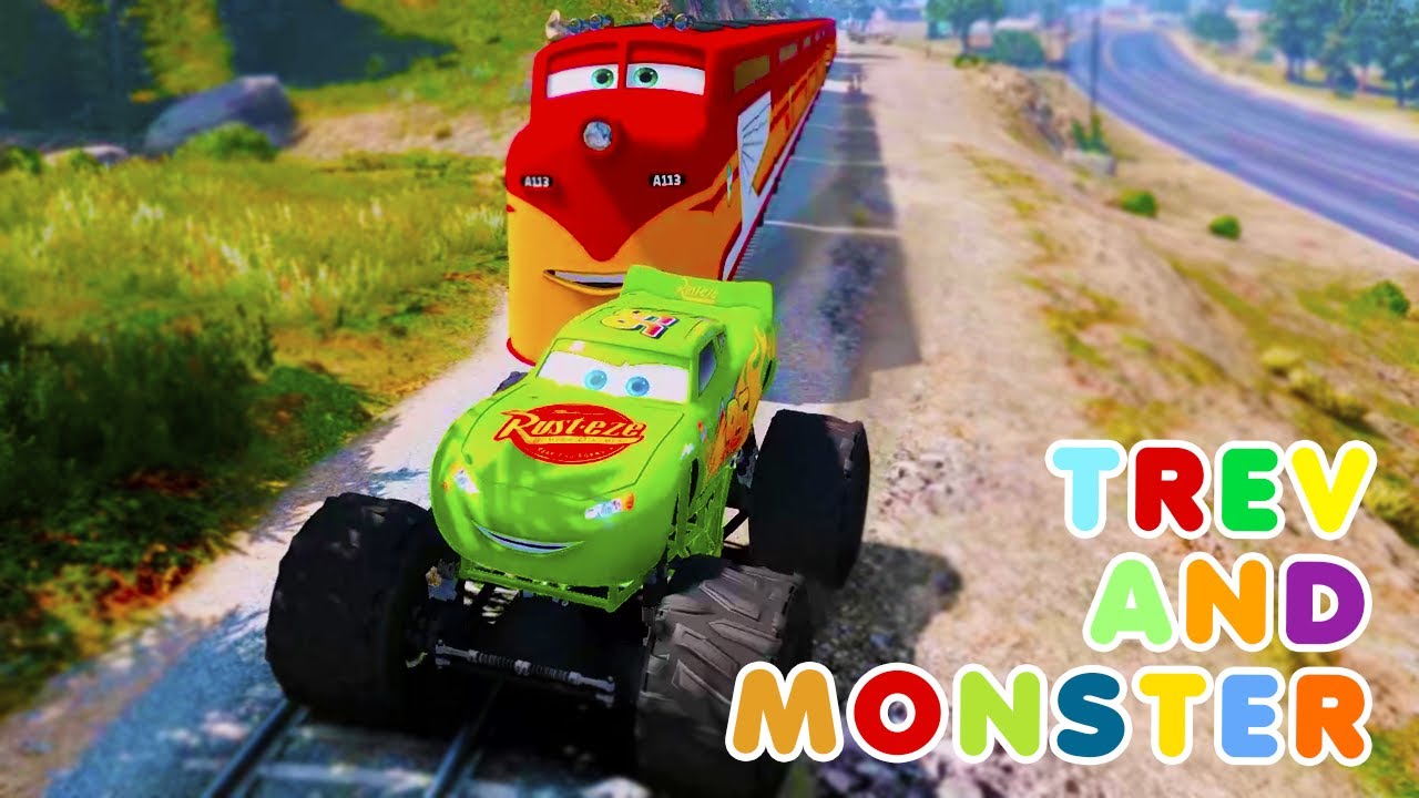 Monster Trucks with Trev the Train Race Dinoco Family Dinoco McQueen Disney Cars Carros Cars