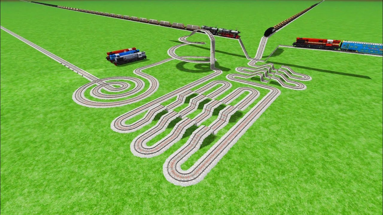 SIX TRAINS VS RISKY BUMPY CIRCLE TRACK CROSSIN ZIG ZAG UTRUN RAILROAD RAILWORK BEANG 