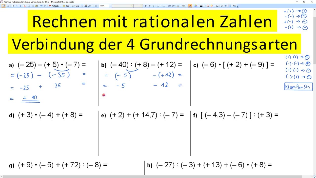 Rechnen mit rationalen Zahlen Verbindung der 4 Grundrechnungsarten Weitere Beispiele 1 (8 Stück)