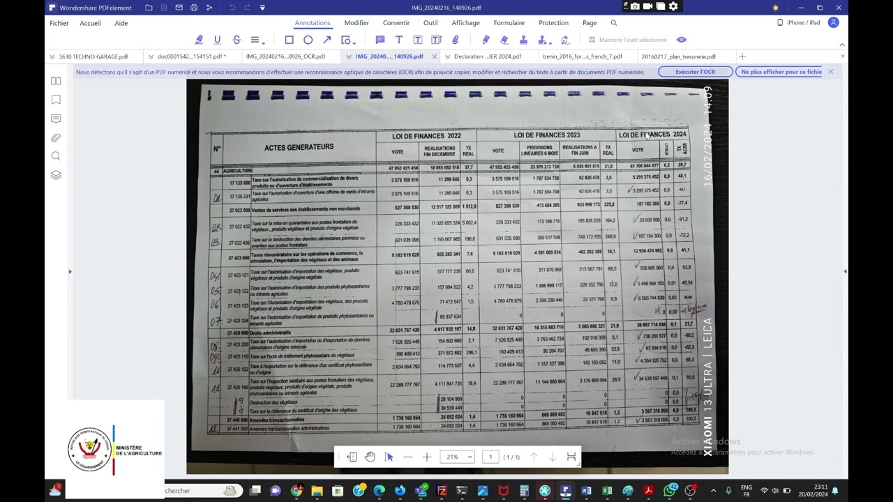 SNIA RECETTE MINISTERE DE L' AGRICULTURE RD CONGO