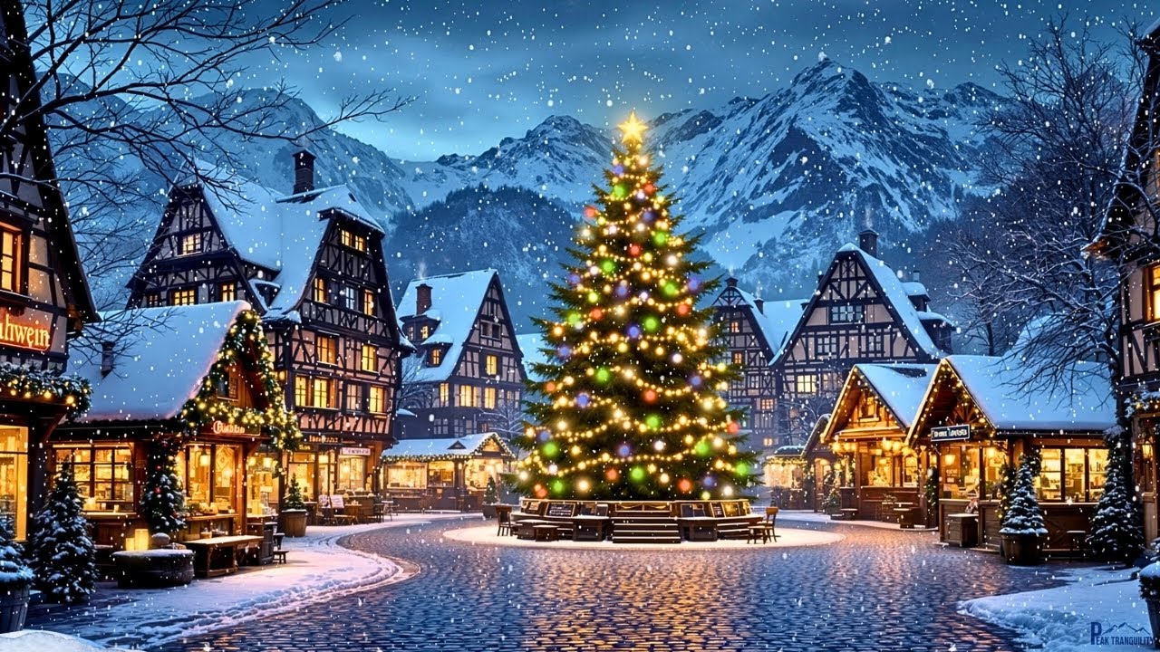 Cozy German Christmas Marketplace | Snowy Village Ambience | 4K Winter Piano Music