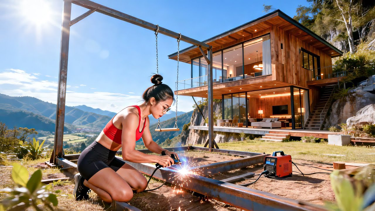 TIMELAPSE - Beautiful Girl Builds Giant Steel Swing on Mountain Cliff | Amazing Construction