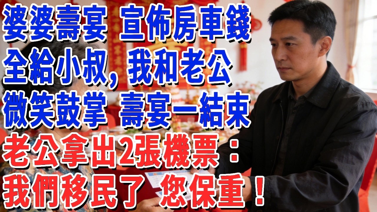 婆婆壽宴 宣佈房車錢全給小叔，我和老公微笑鼓掌 壽宴一結束，老公拿出2張機票：我們移民了 您保重！#妮妮故事會 #情感故事 #老年生活