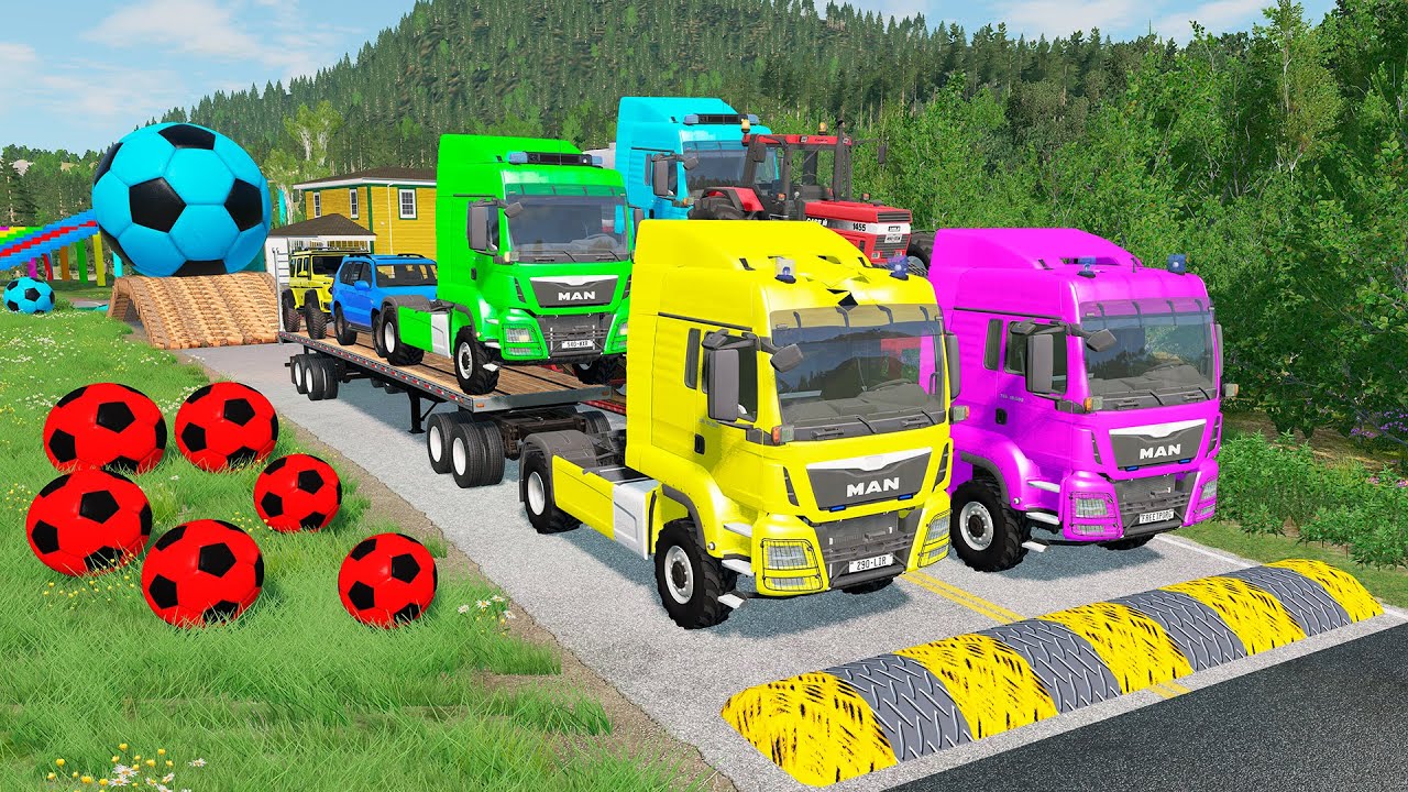 TRANSPORTING PIXAR CARS & FRUITS WITH COLORED & JOHN DEERE vs CLAAS vs TRACTORS - BeamNG.drive #962