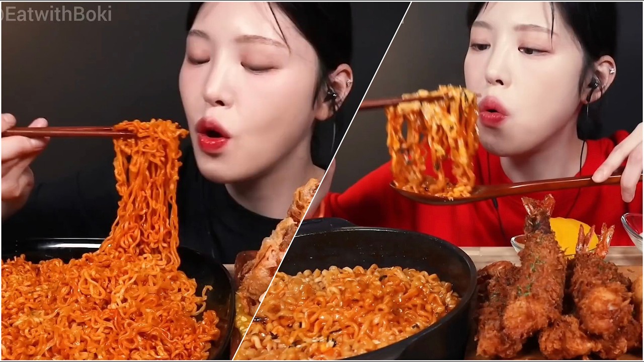 Mukbang spicy buldak noodle crunchy fried chicken & squid big bites asmr compilation voll 57