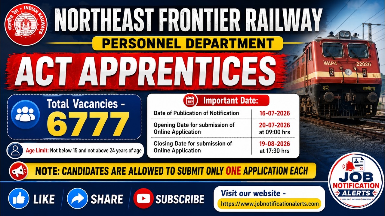 Уведомление о наборе учеников в Northeast Frontier Railway 2026 | 6777 вакансий ACT Apprentice | ...