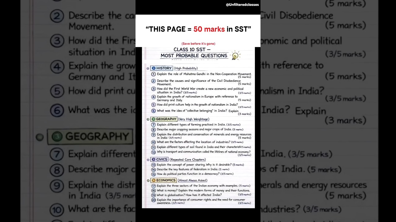 🗣️THIS PAGE = 50 MARKS in SST 🔥 | Class 10 Most Probable Q.#shorts #unfilteredclasses