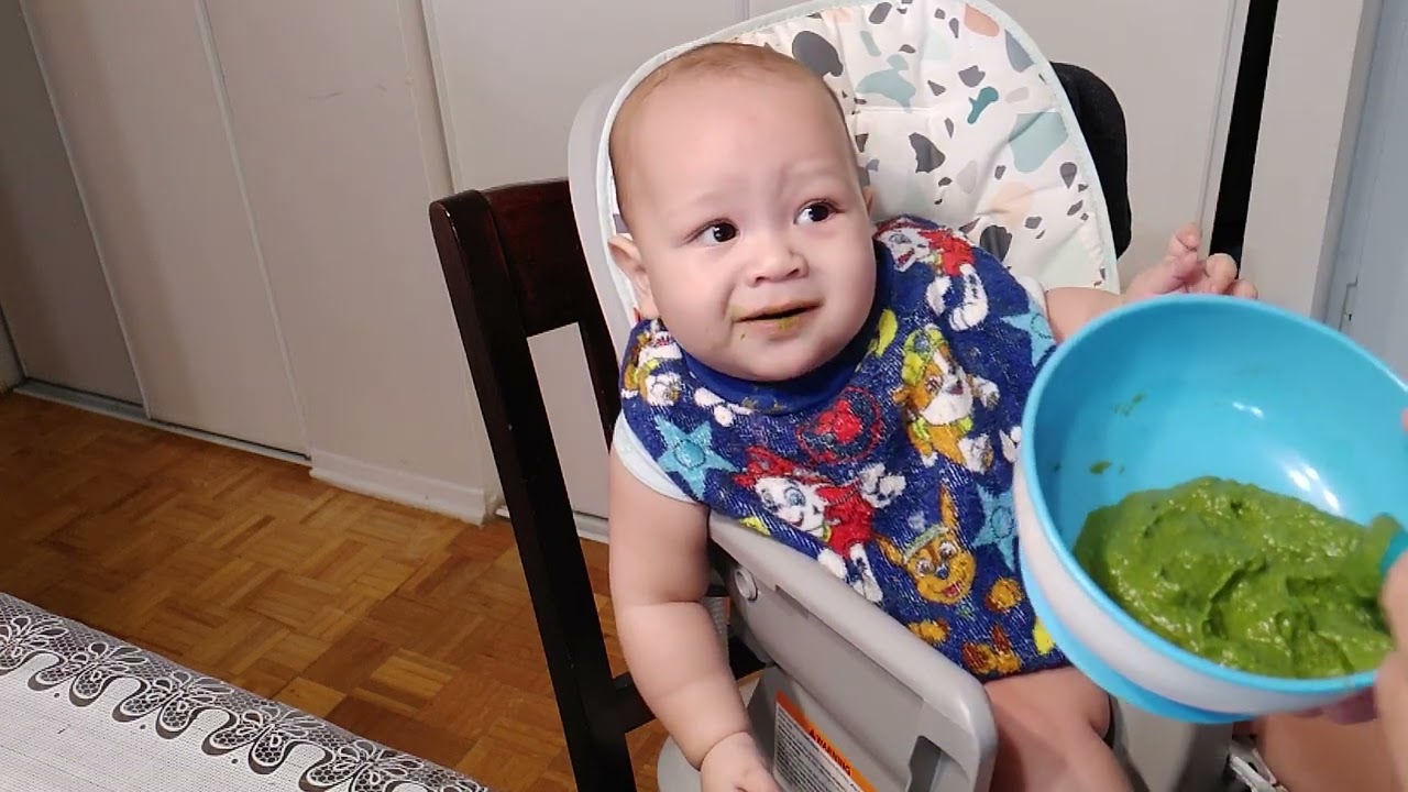 Baby first time eating vegetables puree reaction