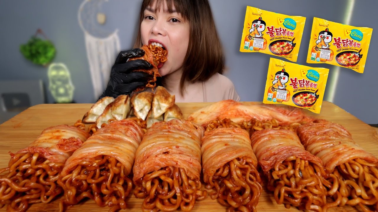 KIMCHI WRAPPED NUCLEAR SAMYANG FIRE NOODLE and DUMPLING MUKBANG