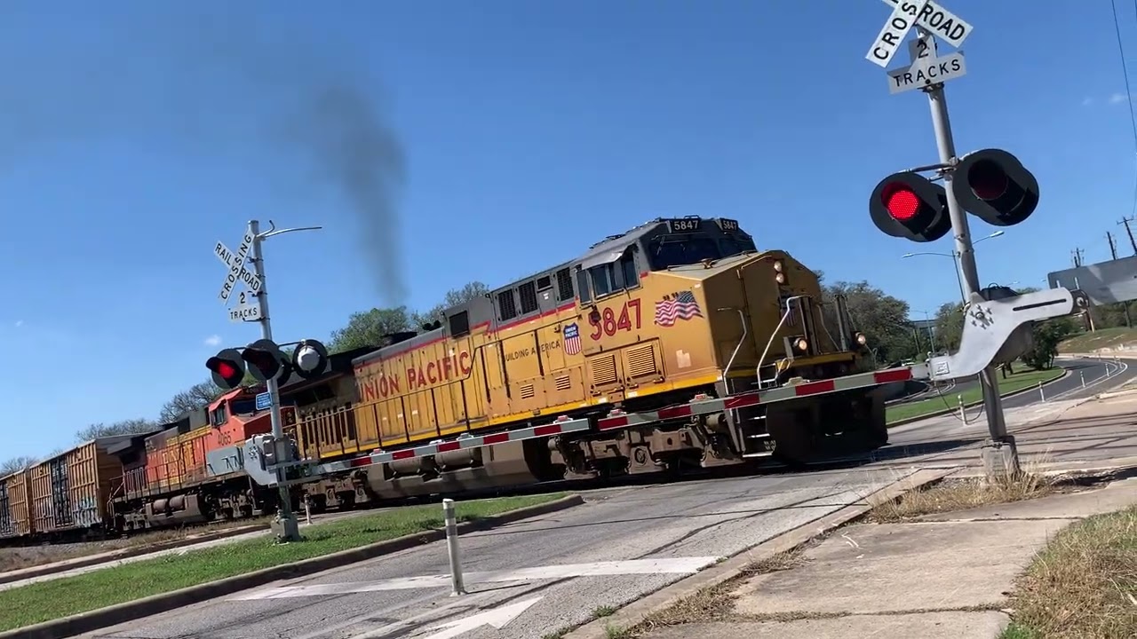 Northbound Union Pacific box car train ft BNSF at dittmar road in South Austin Texas on 3/11/26