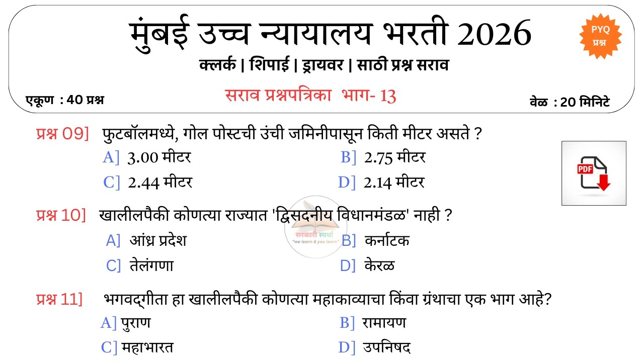 Mumbai High Court Exam 2026 | मुंबई उच्च न्यायालय भरती प्रश्नपत्रिका | Imp 40 Questions | PYQ