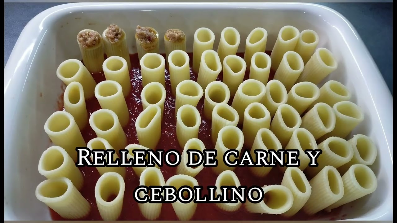 Receta macarrones rellenos de carne y cebollino, con bechamel, pasta rellena