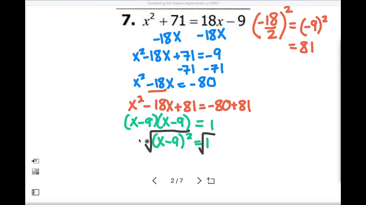 eLearning Completing the Square Algebraically a=1