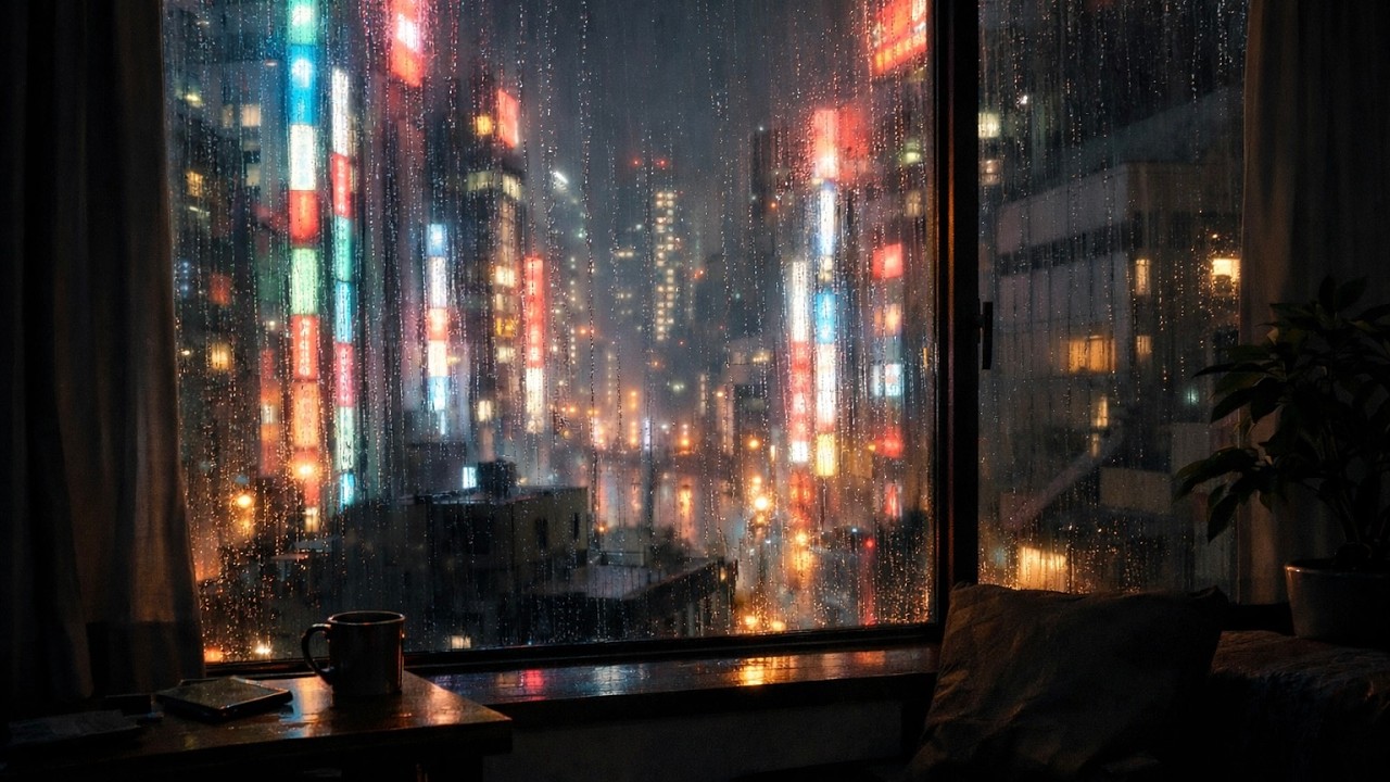 Cozy Apartment Window Rain | Neon City Night | Sleep • Study • Focus | No Music