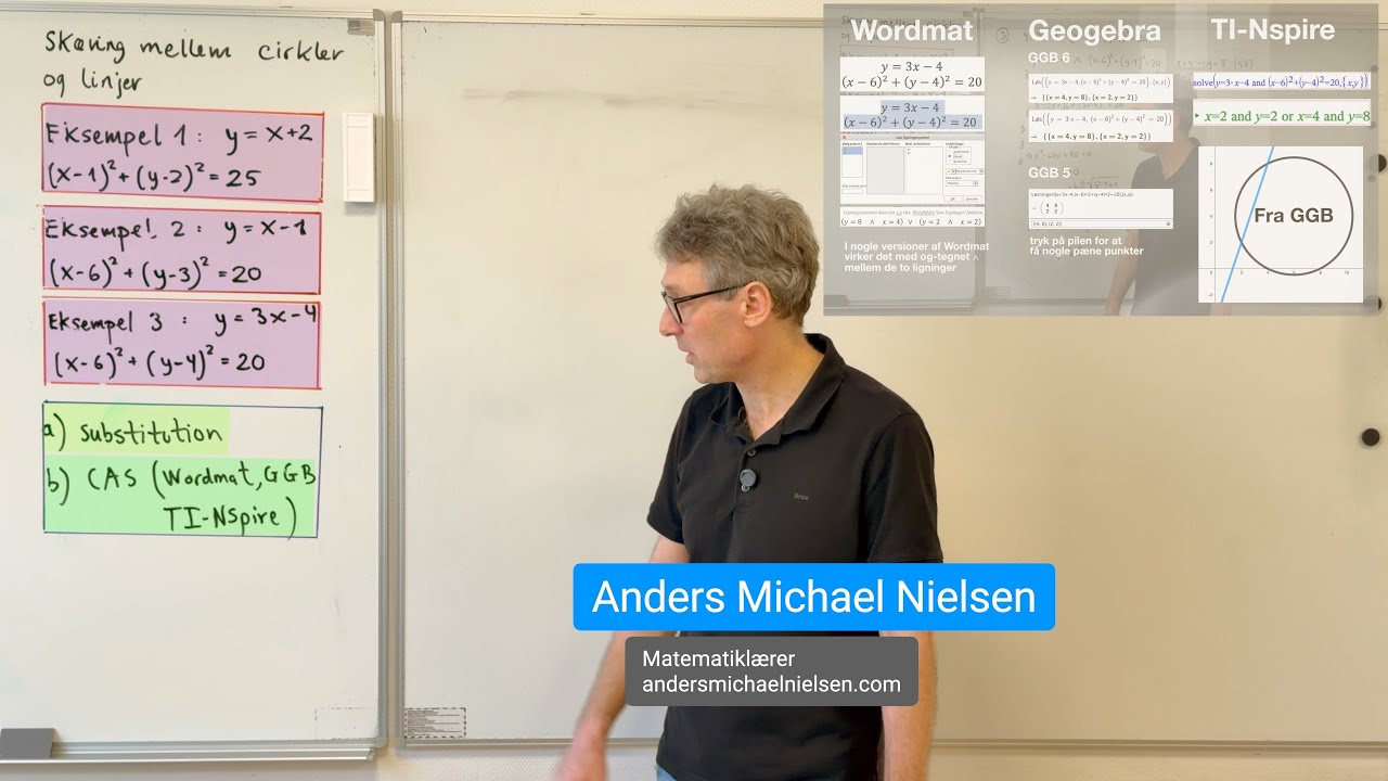 Skæring mellem cirkler og linjer. Tre eksempler - med substitution og tre CAS-programmer.