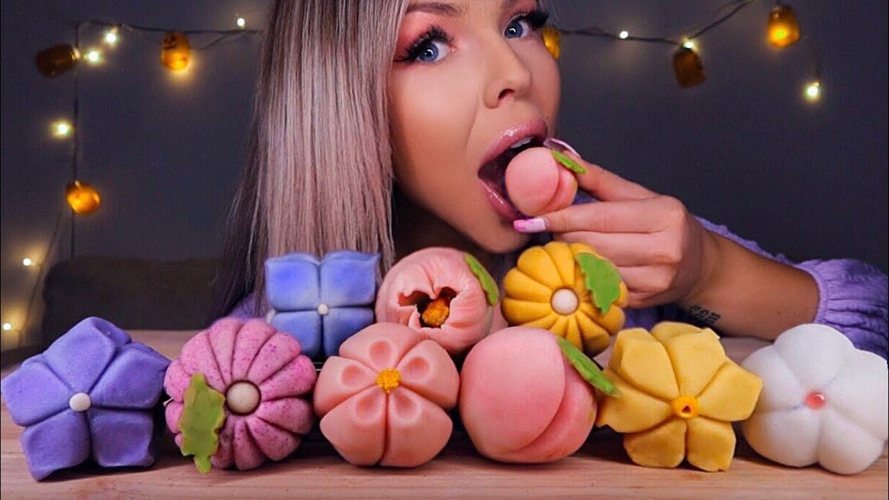ASMR FLOWER RICE CAKE, PEACH RICE CAKE, PEONY NERIKIRI WAGASHI, MOCHI MUKBANG 먹방 EATING SOUNDS