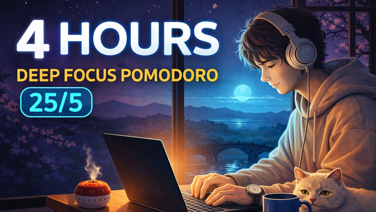 Late Night Study with Me | 4 Hour Pomodoro Timer (Calm Piano) | Timer Tunes