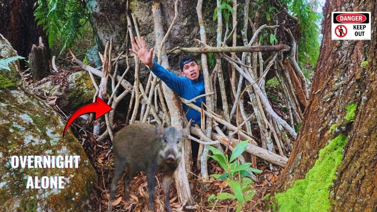 FIRSTIME BUILDING A SURVIVIL SHELTER UNDER THE ROCK AND SLEEP OVERNIGHT
