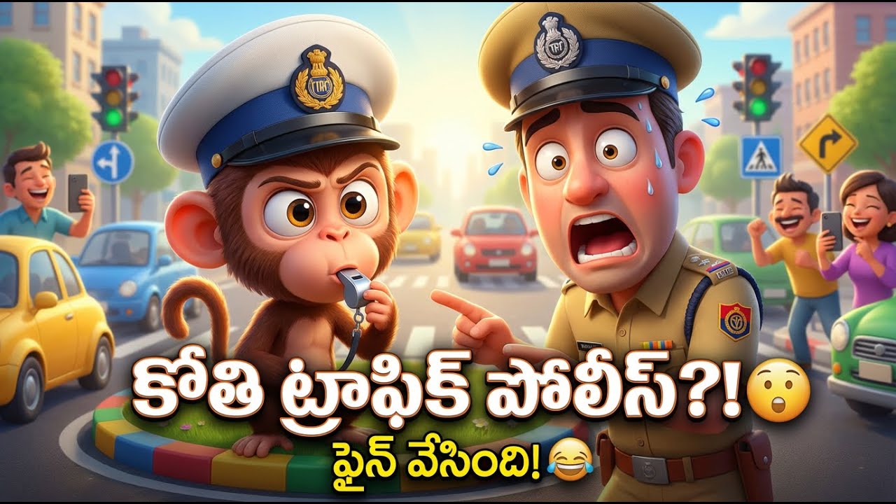 కోతి ట్రాఫిక్ పోలీస్ అయ్యిందా?! 😲 | ఫైన్ వేసిన కోతి 😂 | Telugu Kids Funny Story