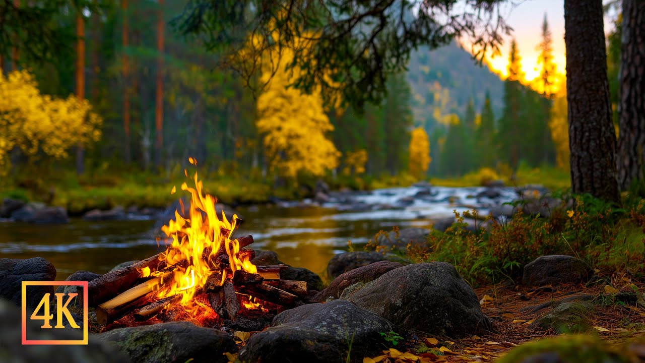 Crackling Autumn Fire Beside a Mountain River 🔥🍂 No Music, Just Nature