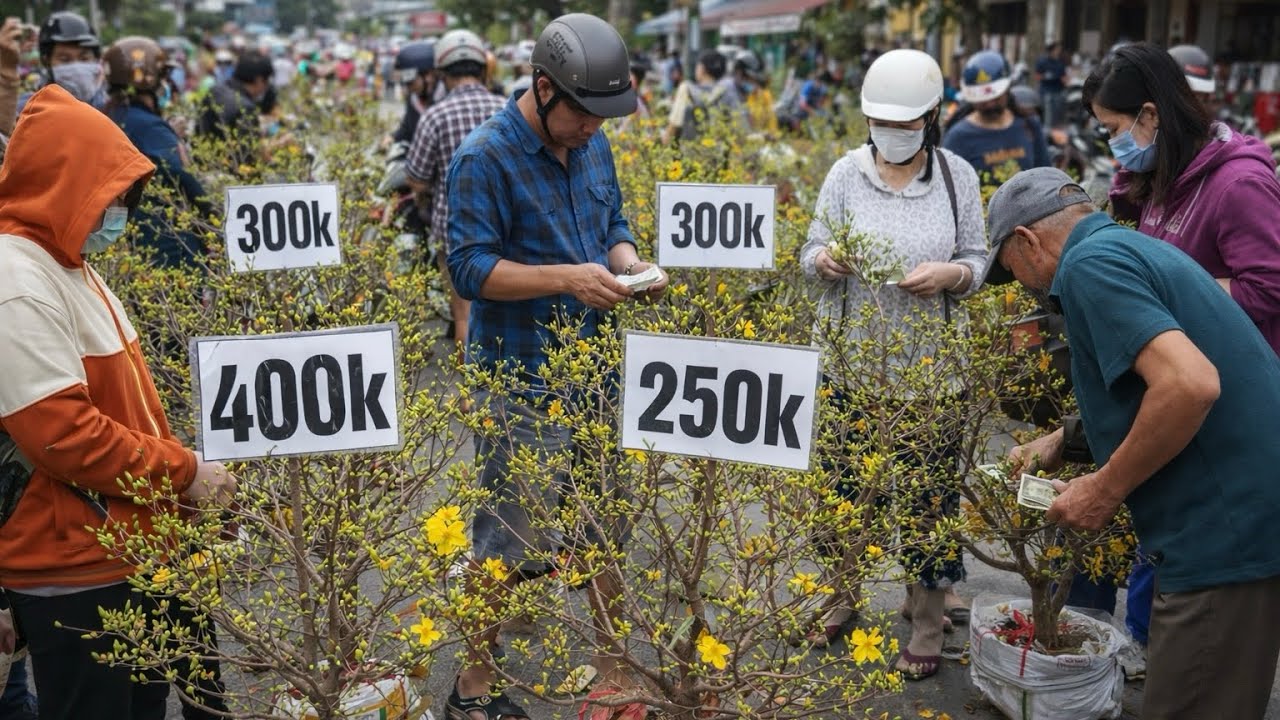 24 Tết bà con chen chúc mua cây mai giá rẻ 300k, 400k tại Bến Bình Đông Quận 8