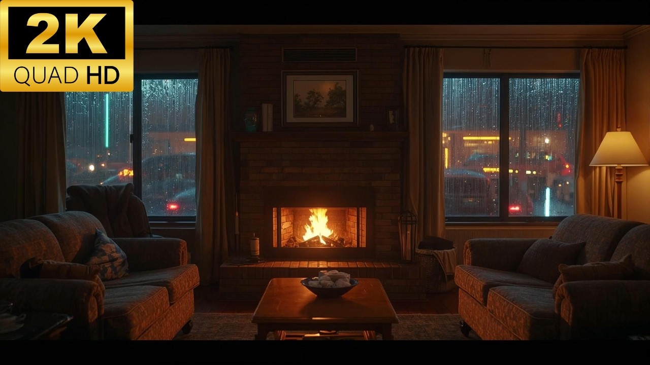 Cozy Fireplace Room on a Rainy City Night 🌙🔥